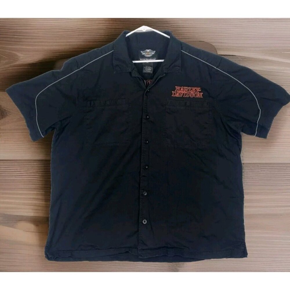 Harley Davidson Men's SizL Black Embroidered Short Sleeve Button Skull Shirt